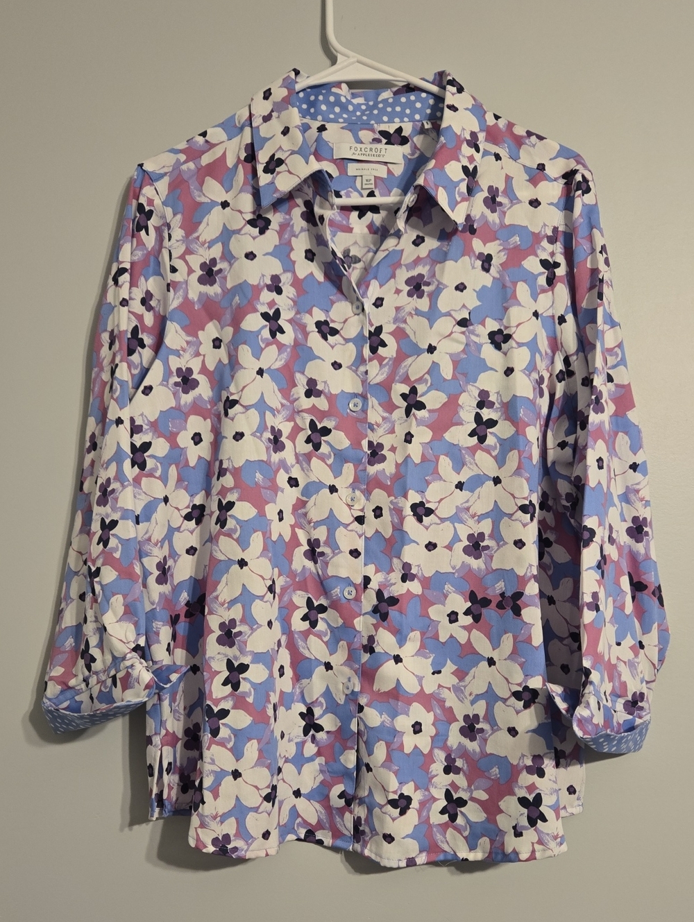 Foxcroft Appleseed's Womens Purple Floral Button-Down Shirt Wrinkle Free 16P